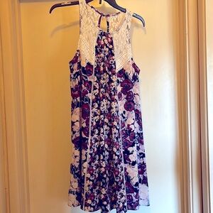 Xhilaration summer sleeveless dress size Medium, purple and navy floral w/  lace